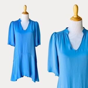 ANNIE GRIFFIN Melanie Puff Sleeves Dress 100% Silk in French Blue - Small